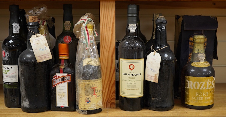 16 bottles mixed port, Cointreau, Tokaji and Metaxa, including four unlabelled bottles of port with Sotheby’s wine department labels, two bottles Taylors chip dry port, President Vinho Velho do Porto, 2 bottles tokaji 19